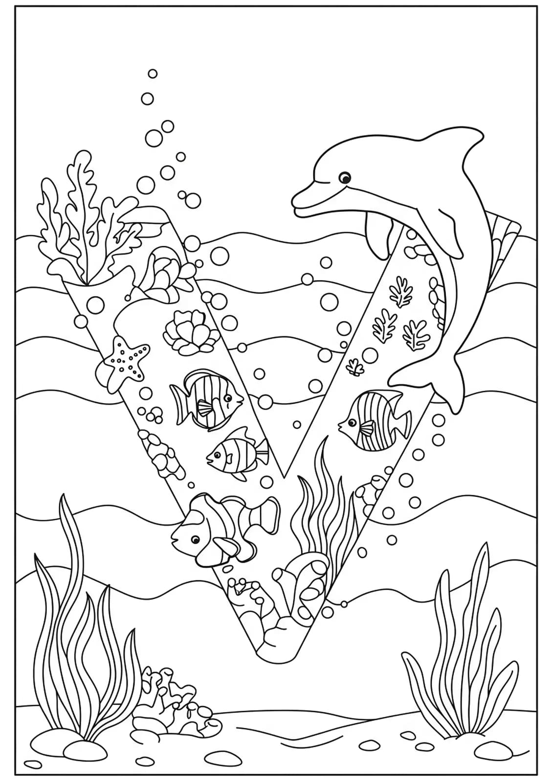 Black and white outline of the letter V with fish, dolphin, seaweed, and bubbles, medium detail for elementary kids.