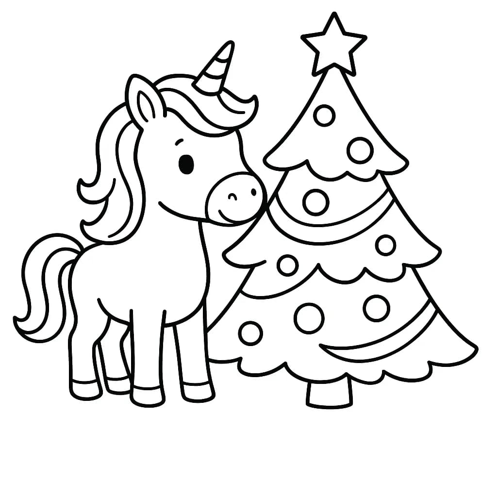 Unicorn next to a decorated Christmas tree, simple easy coloring page for preschool kids