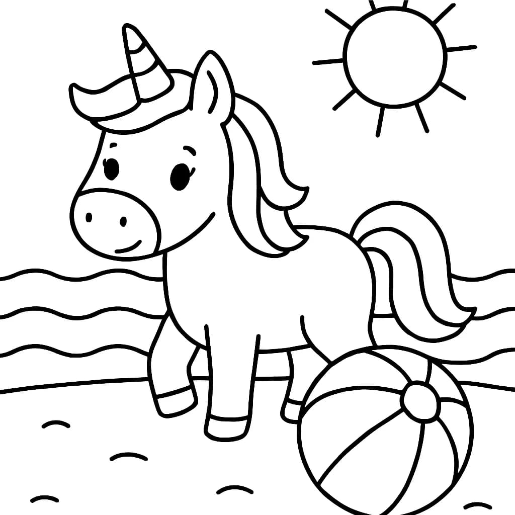 Easy unicorn coloring page with a beach ball, sun, and waves.