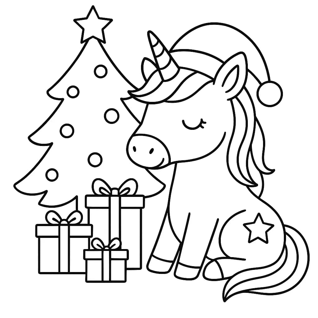 A unicorn in a Santa hat with gifts and Christmas tree, easy outlines for kids.