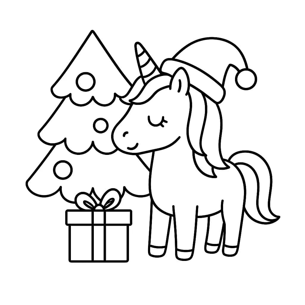 Easy unicorn coloring page with a Santa hat, Christmas tree, and big present.