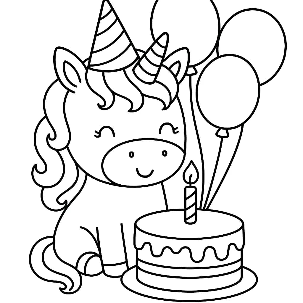 A unicorn wearing a party hat next to a birthday cake and balloons, designed with simple outlines for easy coloring.