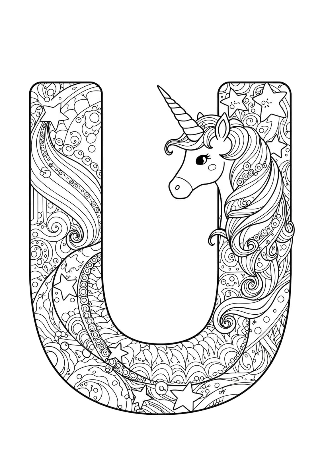 Intricate letter U coloring page with a unicorn and detailed stars, swirls, and patterns for preschoolers