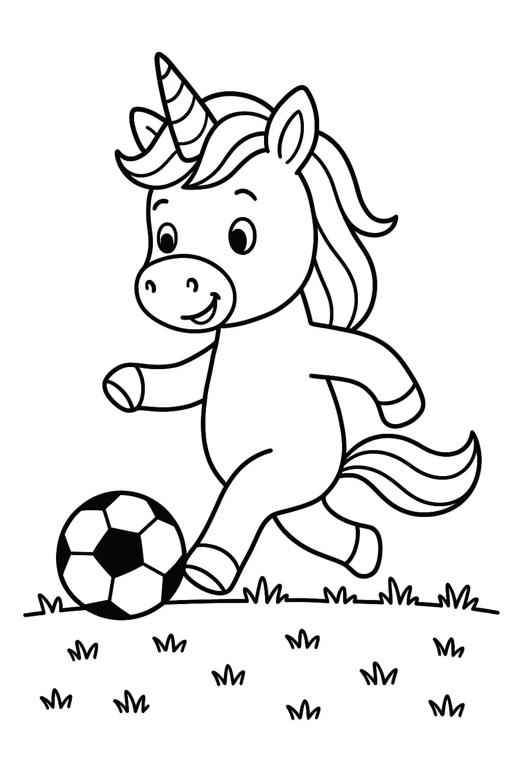 Unicorn kicking a soccer ball, simple sports coloring page for preschool children
