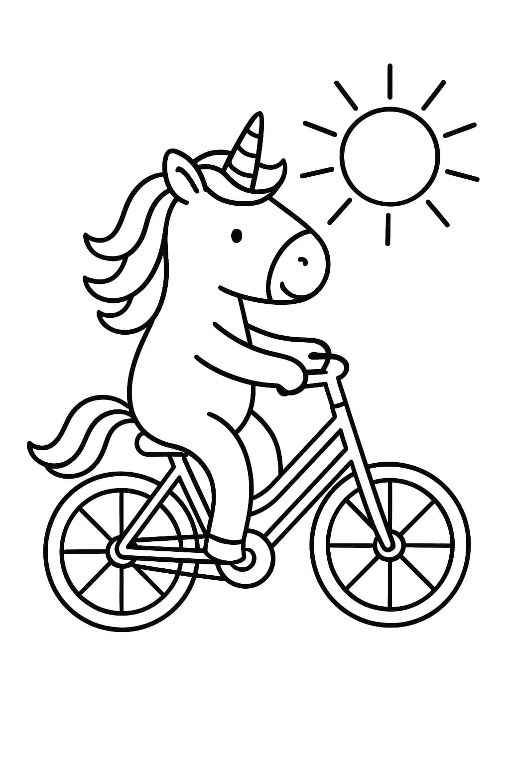 Easy unicorn coloring page with a unicorn riding a bike under the sun.