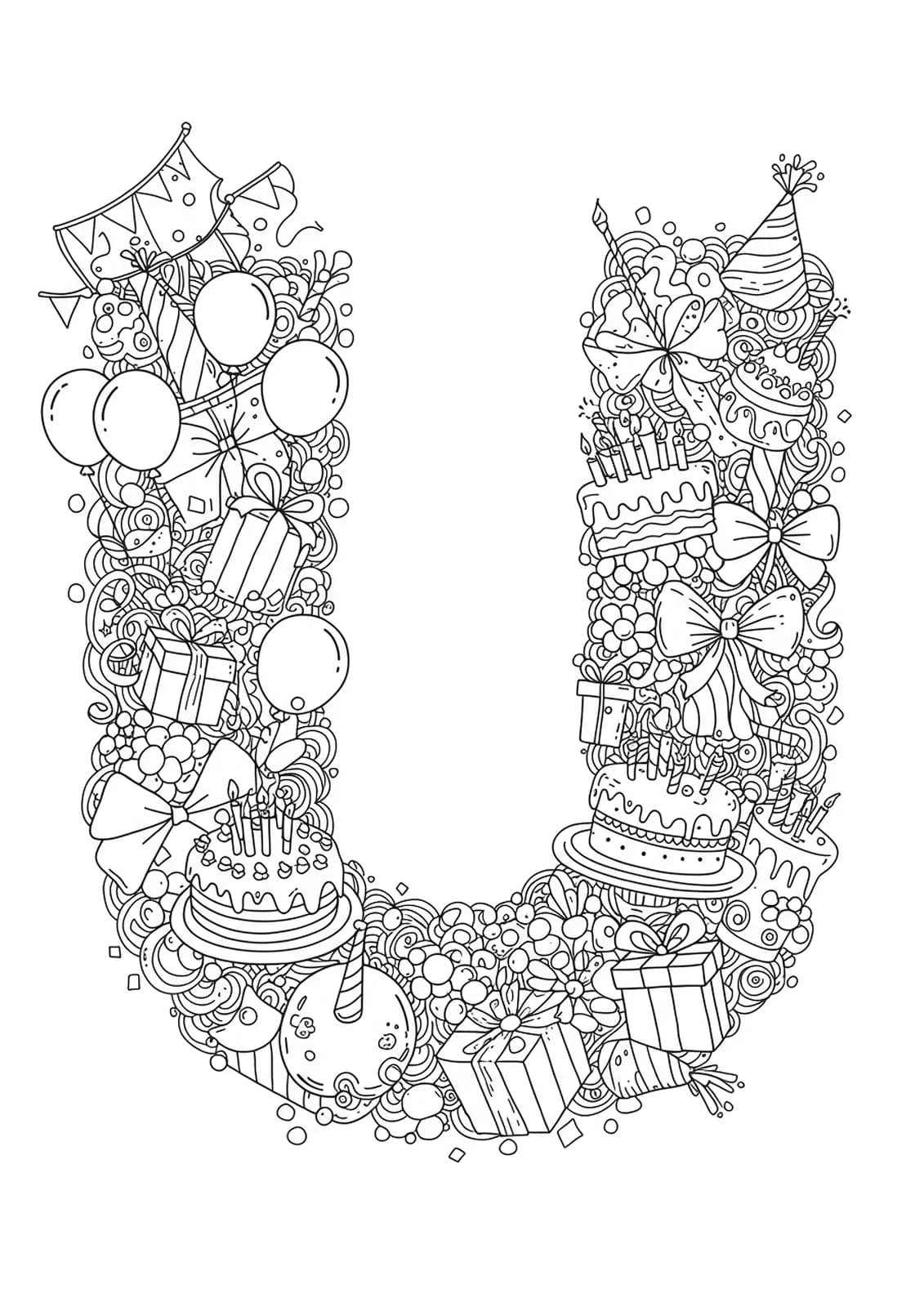 Letter U surrounded by detailed party decorations, balloons, cake, and confetti for coloring.