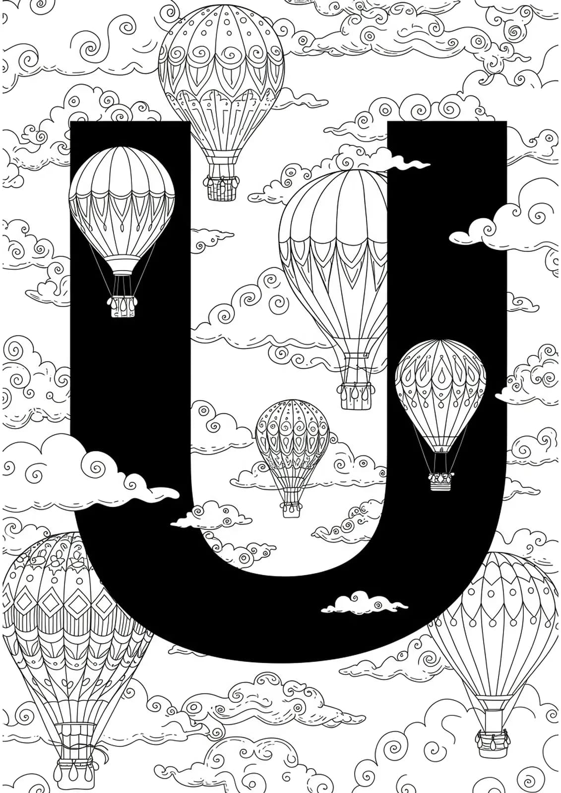 Intricate hot air balloons, clouds, and patterns around a large letter U for coloring.