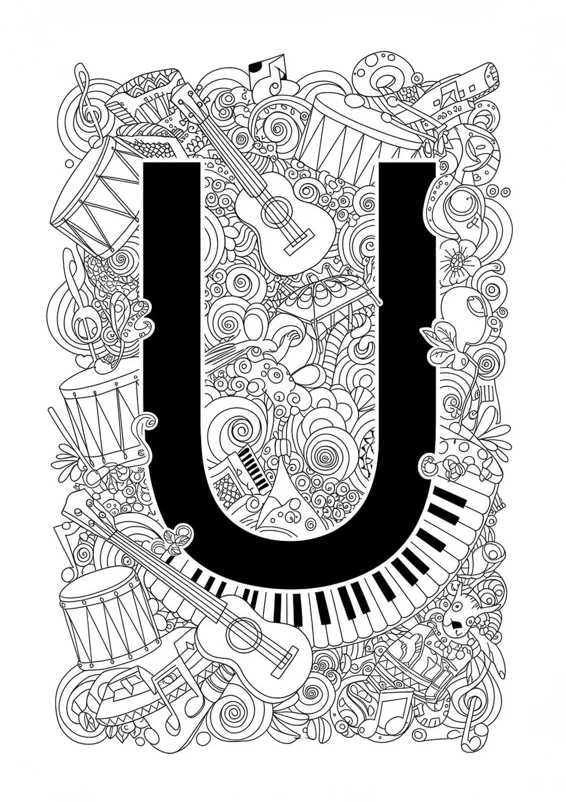 Letter U coloring page with intricate musical notes, ukuleles, and drums for preschool children