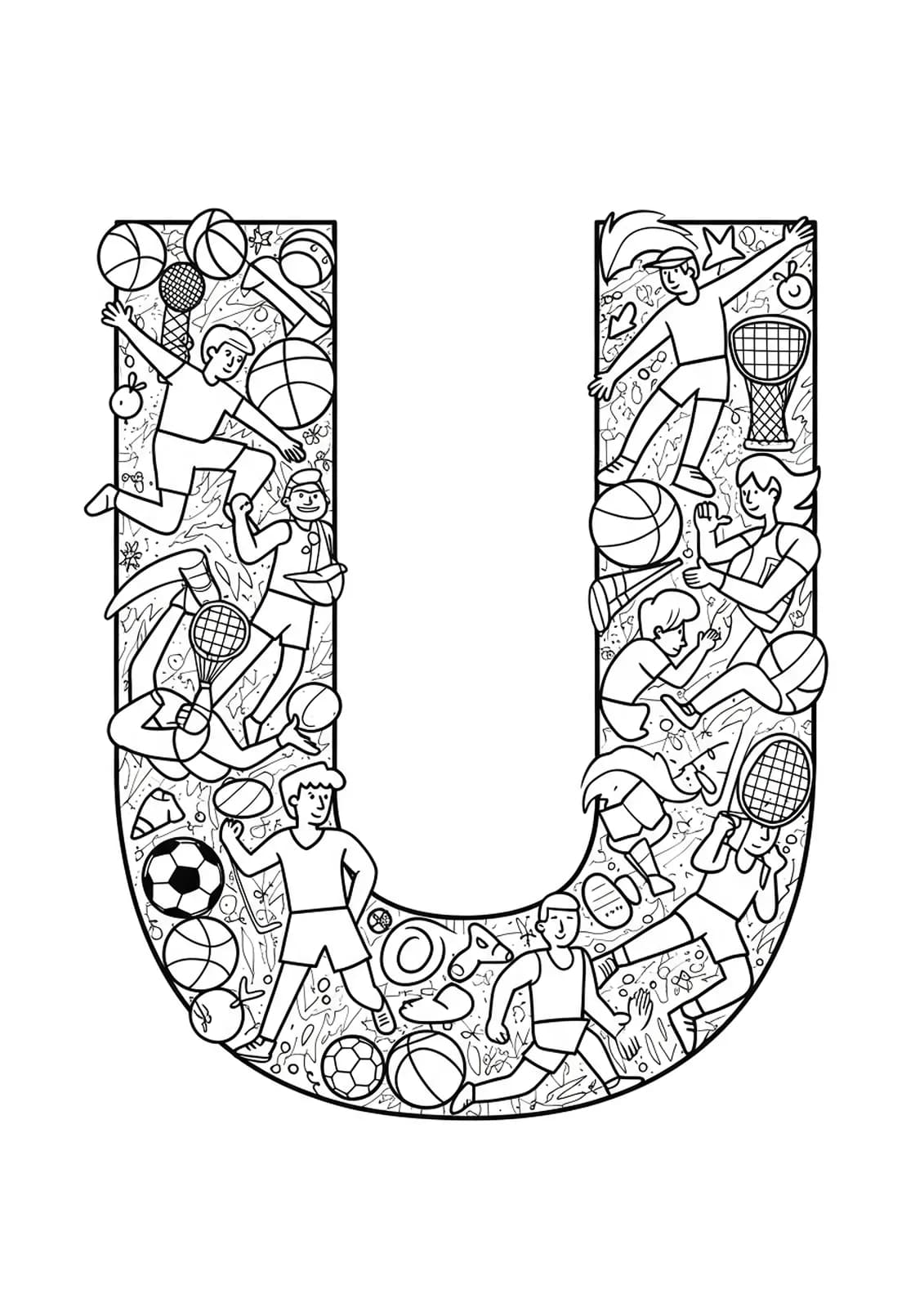 Letter U with detailed sports equipment, athletes, and action patterns for coloring.