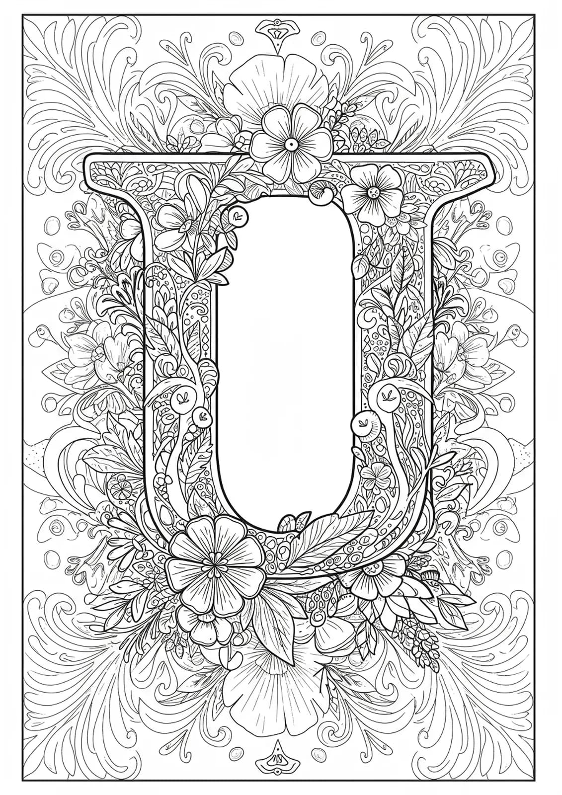 Letter U with surrounding uplifting quotes in stylish script and decorative floral borders.