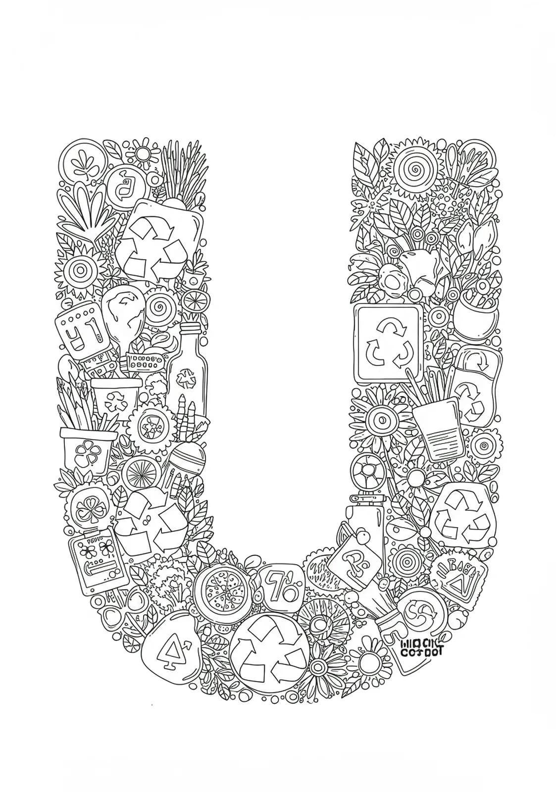 Letter U with intricate recycling symbols, upcycled objects, and nature patterns for coloring.