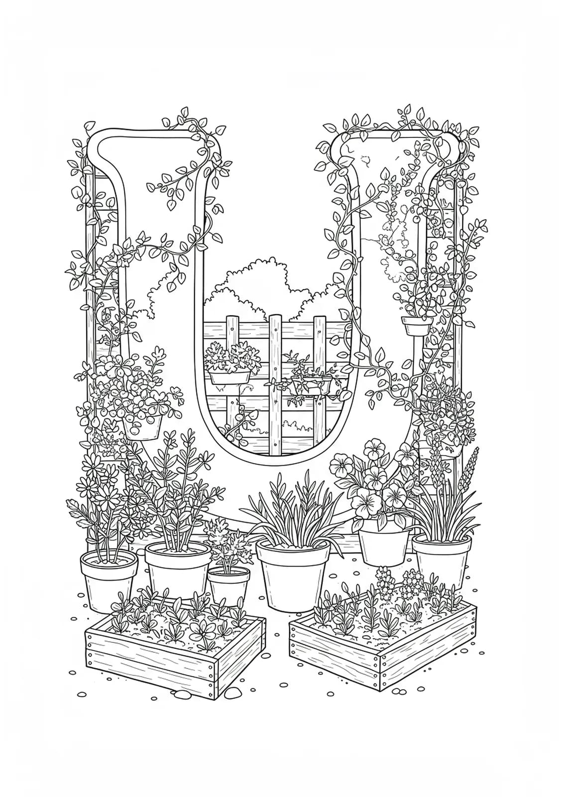 Letter U positioned in the center of raised garden beds, potted plants, and flowers in an urban garden.
