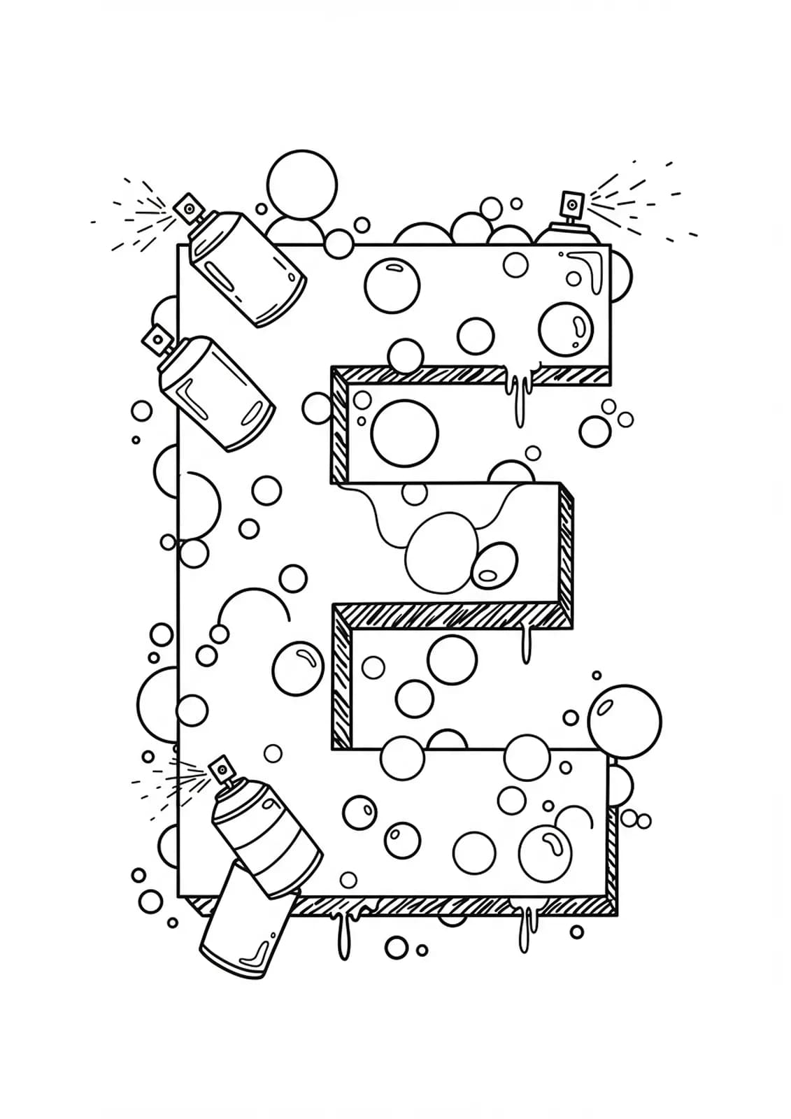 Letter E in graffiti style with spray paint cans and urban elements, easy outlines