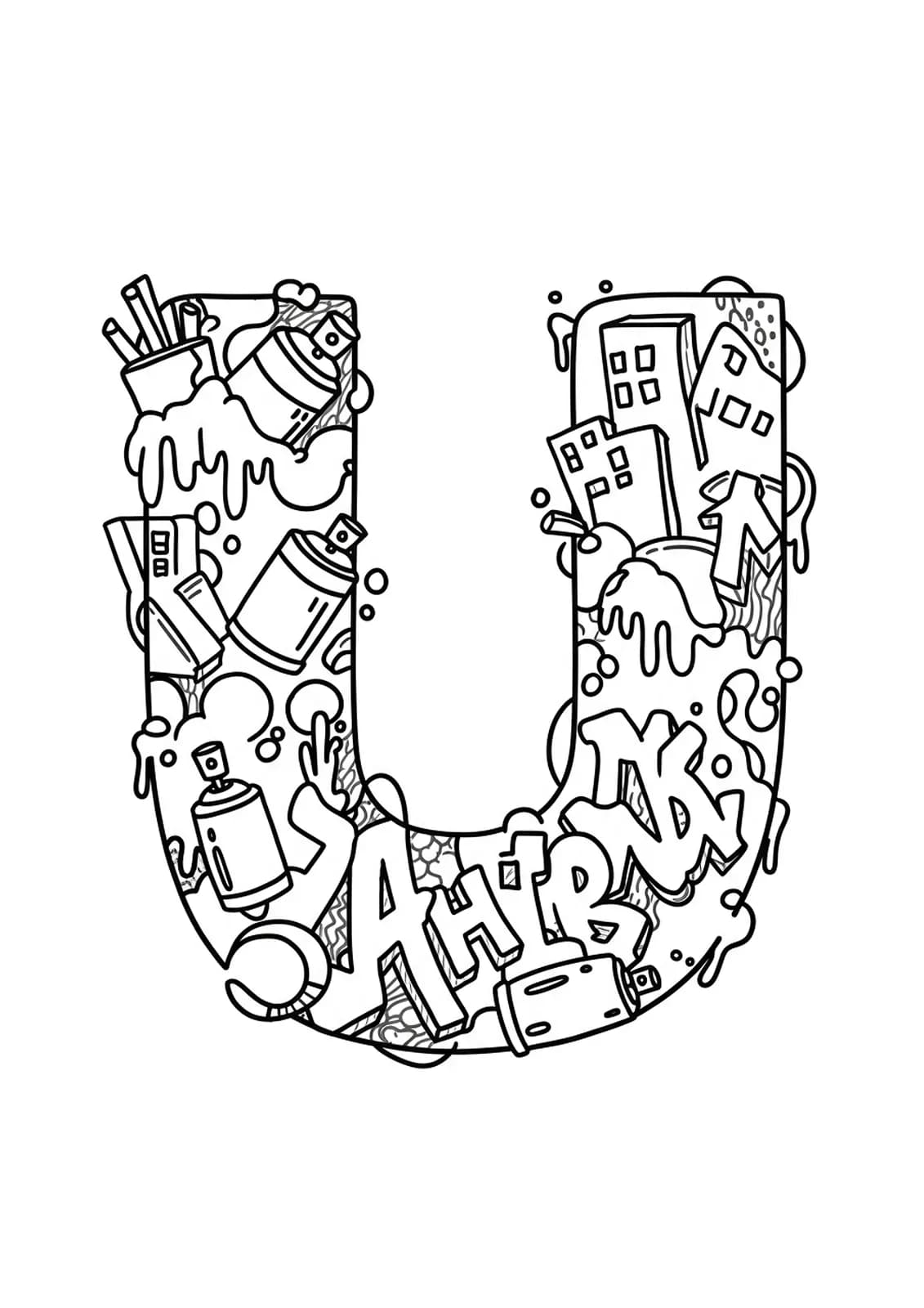 Simple line art Letter U with graffiti-inspired urban elements, easy for teen coloring.