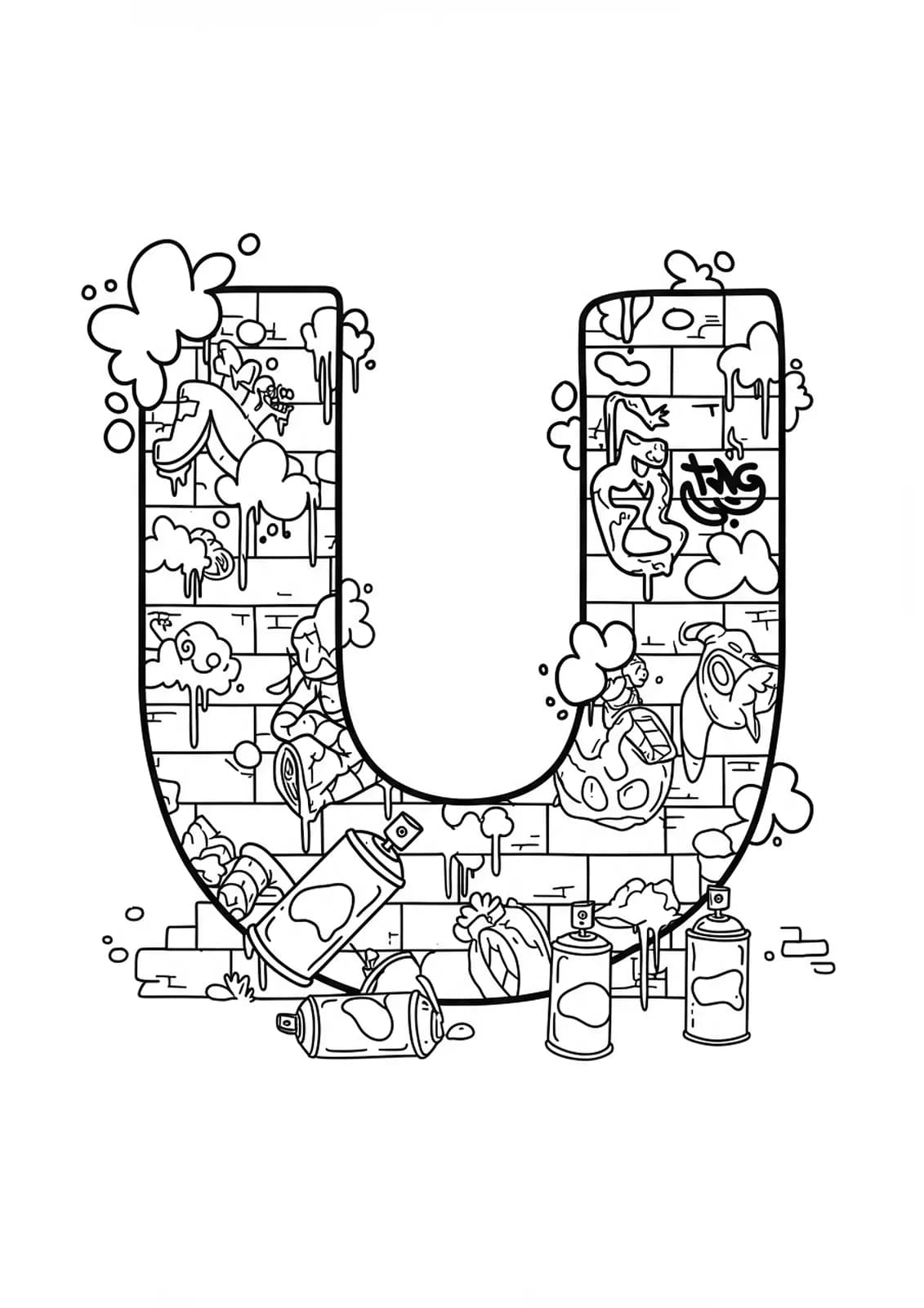 Letter U with graffiti art elements, spray cans, and brick wall background, designed for teen coloring.