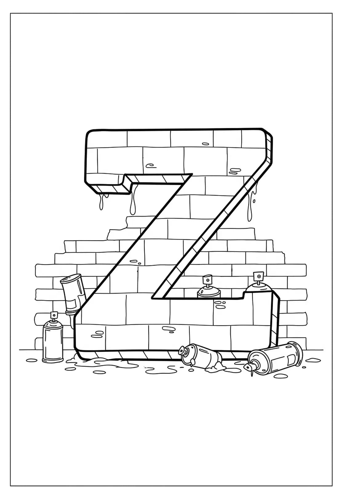 Outlined letter Z in graffiti style, with a brick wall and spray paint cans around it