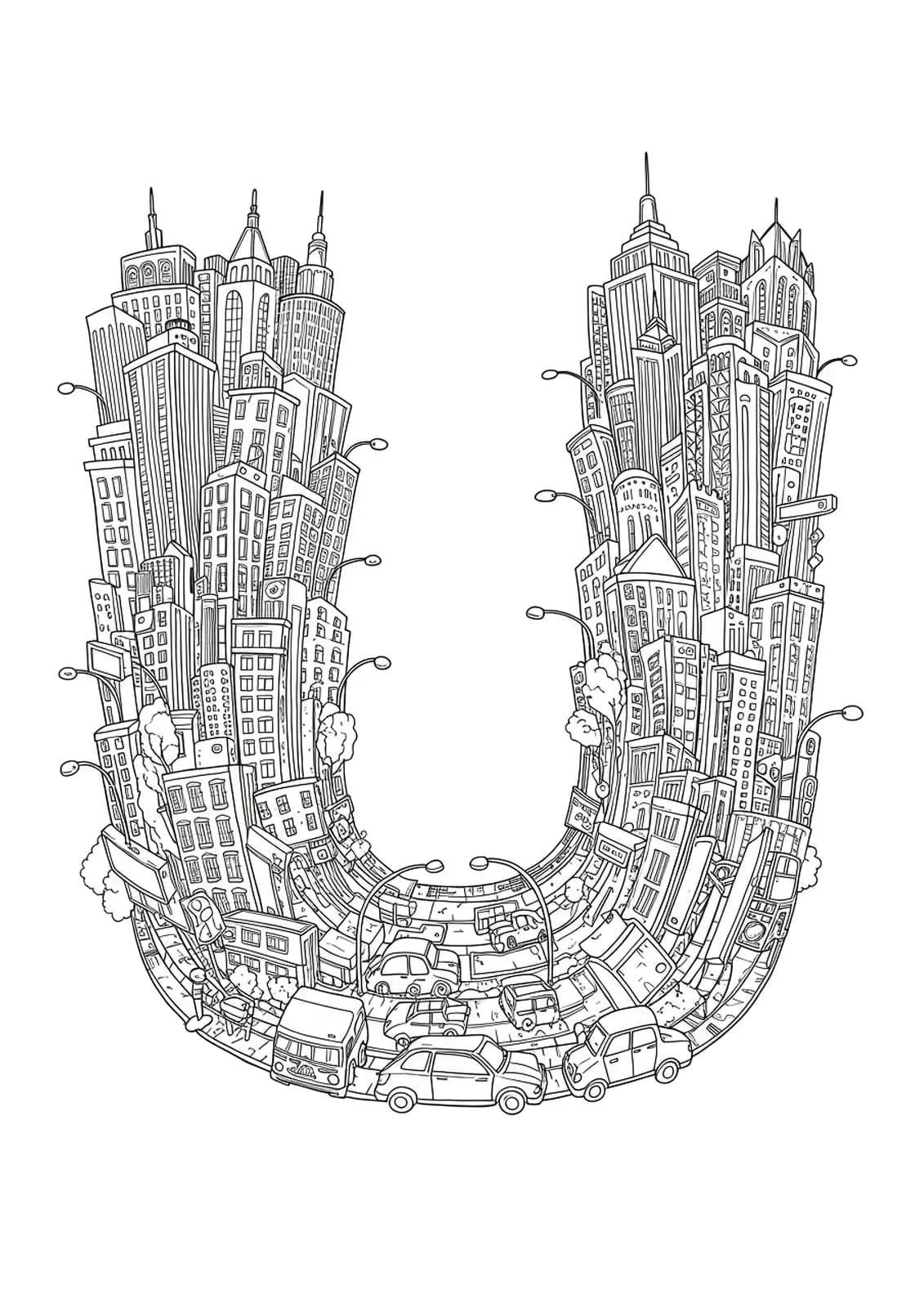Large letter U surrounded by detailed city buildings, cars, and urban patterns for coloring.