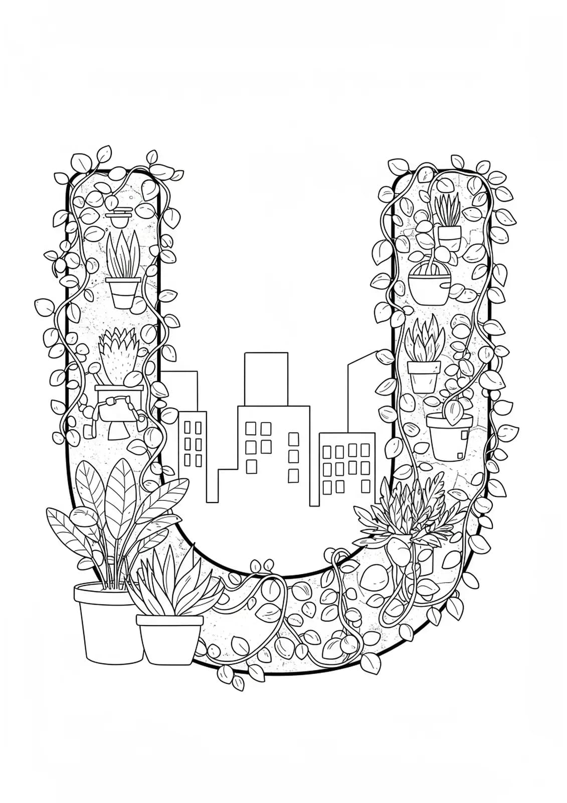 Letter U with simple city skyline and leafy plant designs, easy for teens to color.