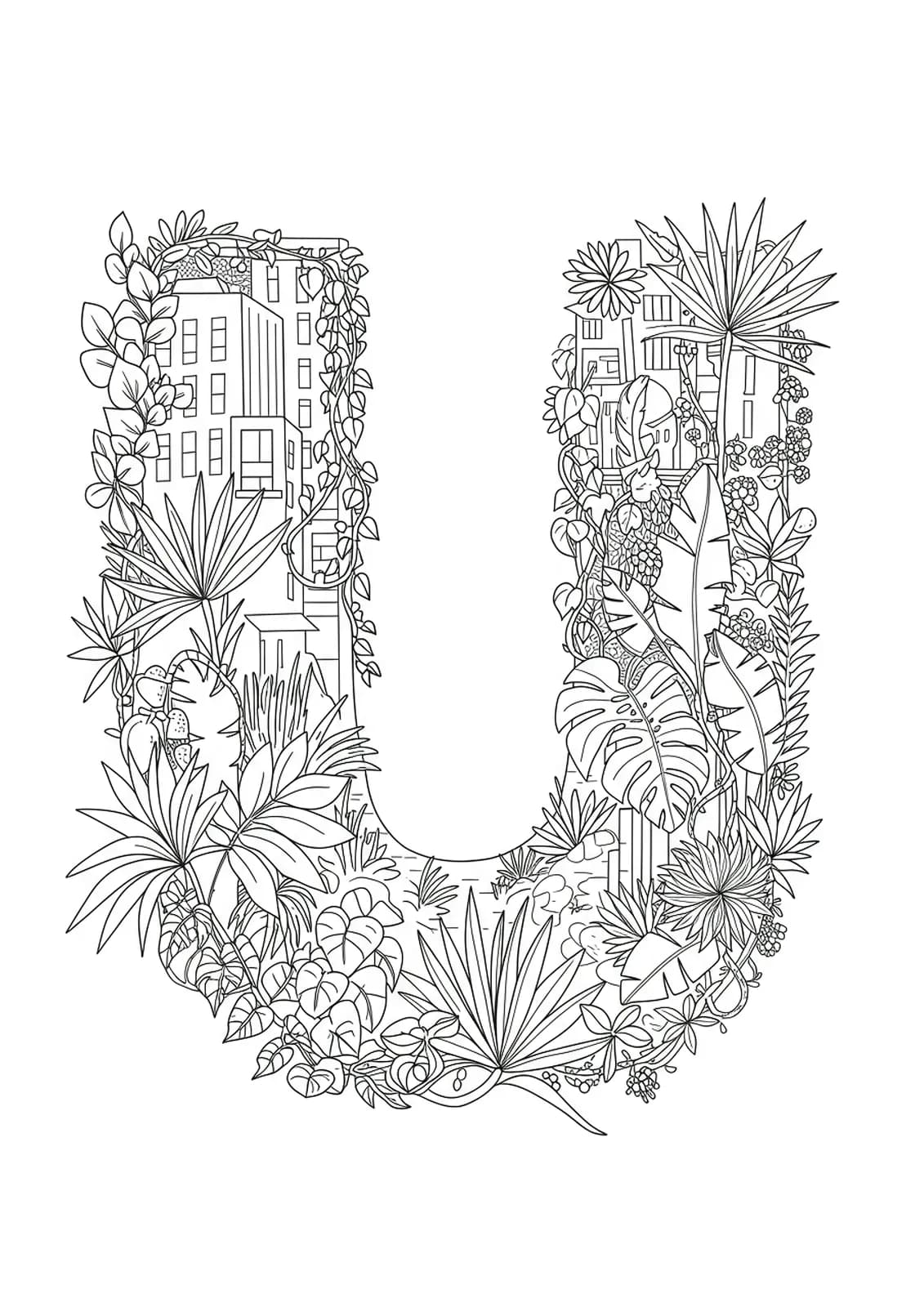 The letter U entwined with city buildings and lush plants in a medium-complexity coloring page.