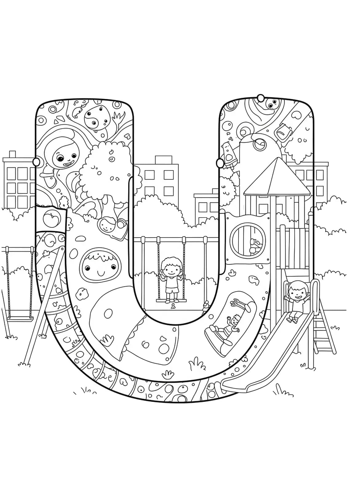 Letter U coloring page with an intricate urban playground, slides, swings, and children for preschoolers