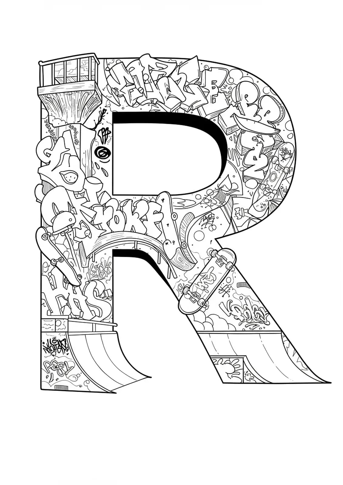 Letter R merged with skatepark ramps, rails, and skateboards with graffiti for a hard teen coloring page.