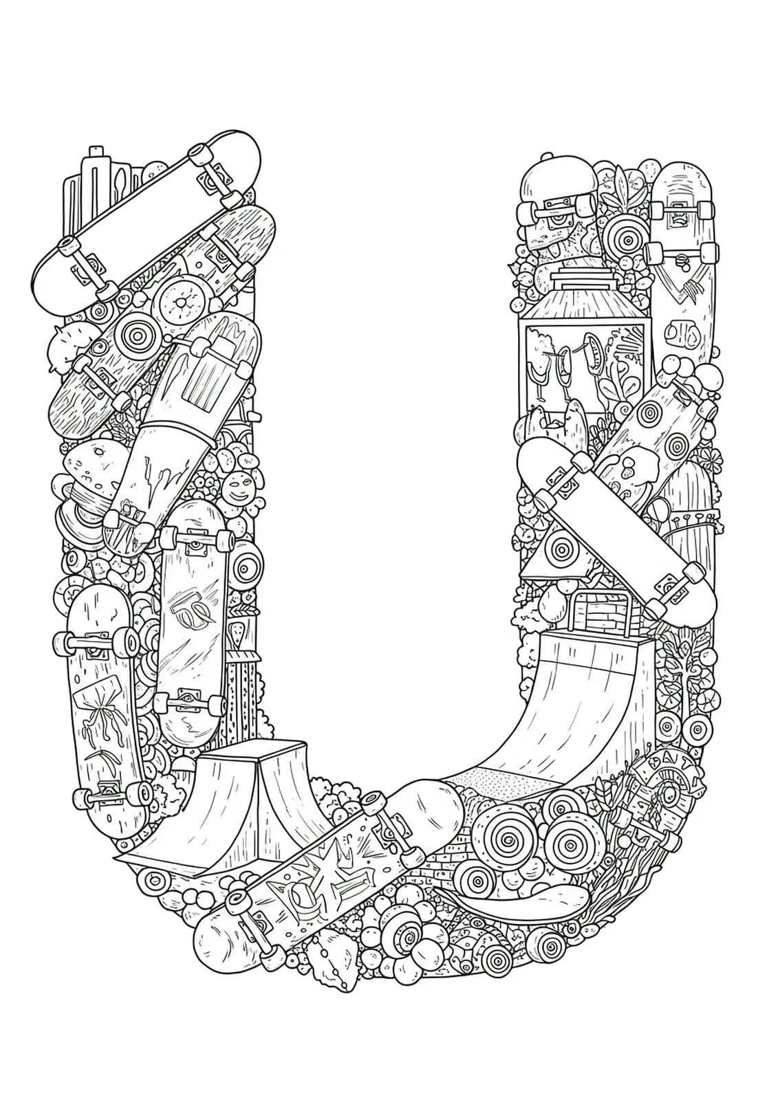 Intricately designed letter U with skateboards, ramps, wheels, and urban cityscape elements for teens who enjoy skateboarding.