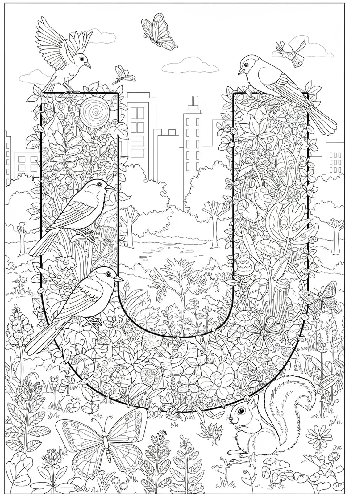 Letter U encircled by urban wildlife like birds, squirrels, and butterflies in city greenery.