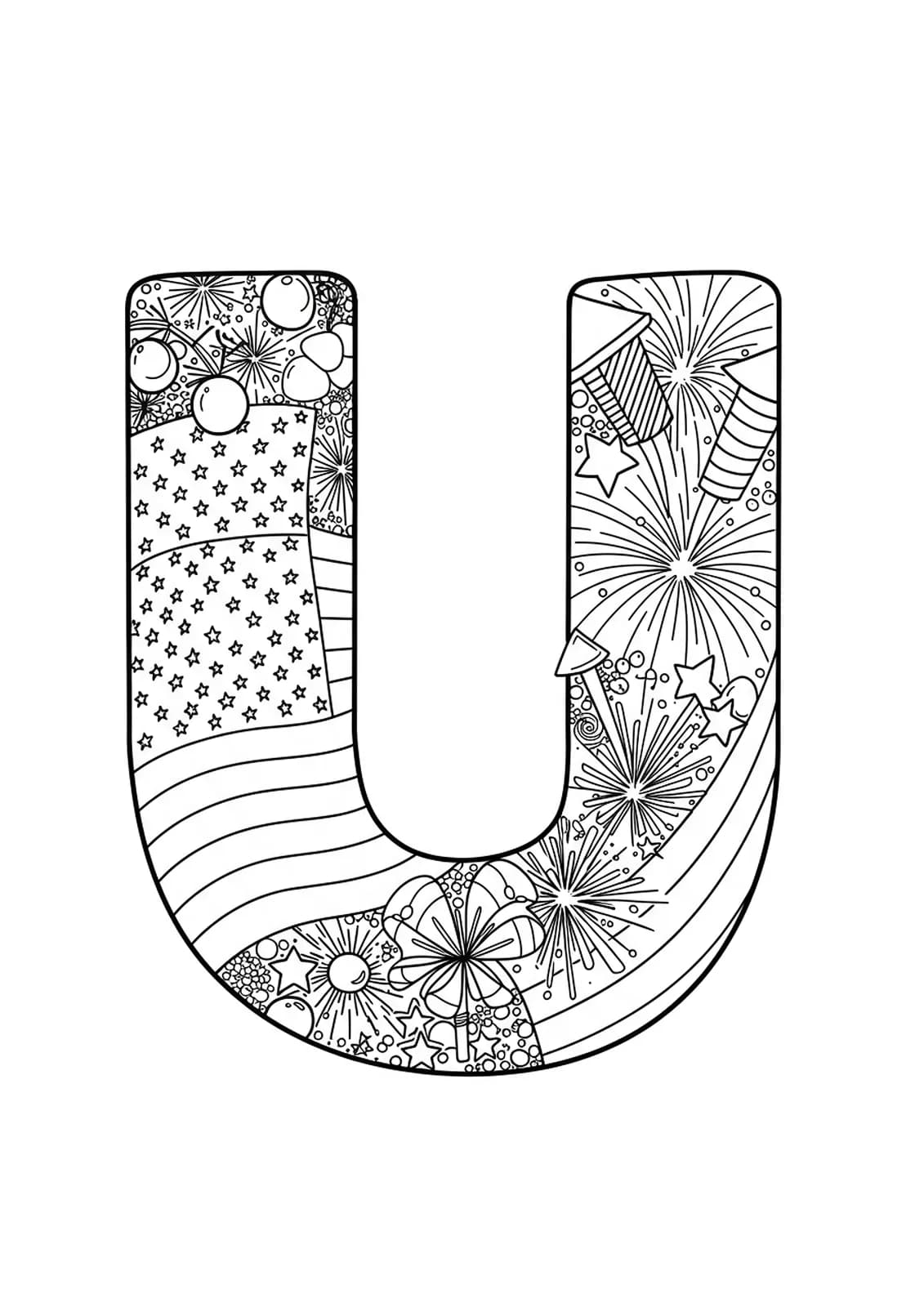 Patriotic letter U coloring page decorated with detailed USA flag, stars, stripes, and fireworks for preschoolers