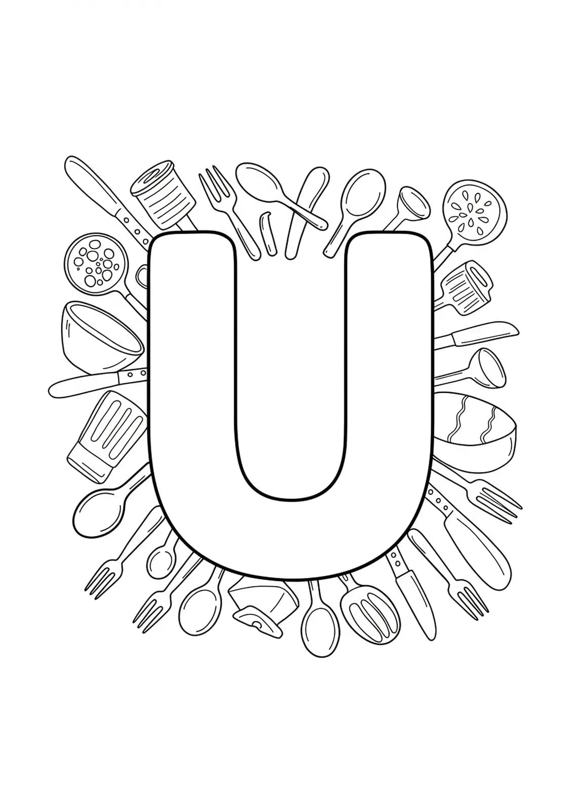 Letter U coloring page with complex utensil designs including forks, spoons, and bowls for preschoolers