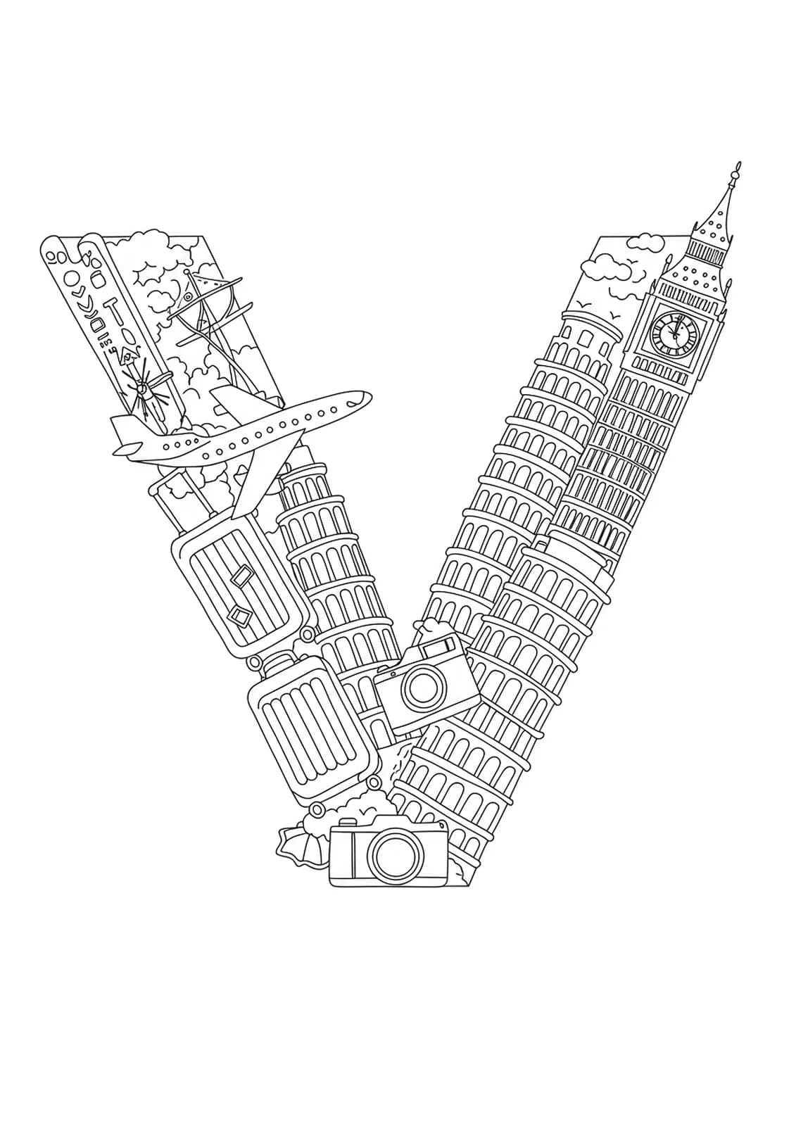 Line art of the letter V decorated with travel icons like suitcases, planes, and landmarks, medium detail for elementary students.