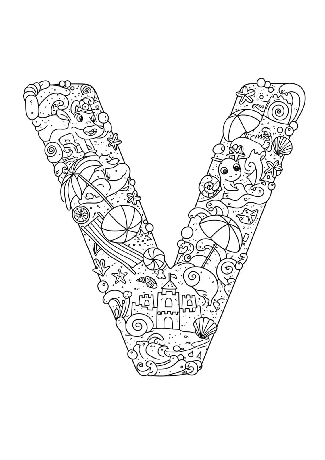 Beach vacation coloring page with the letter V, sandcastles, umbrellas, and waves for preschoolers.