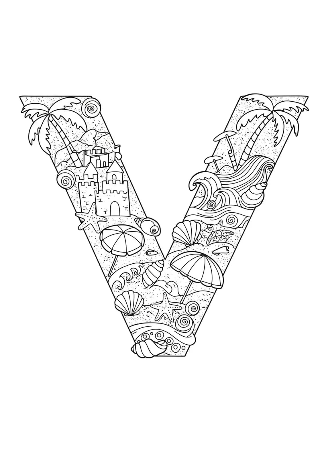 Detailed beach scene with sandcastles, seashells, waves, and palm trees around the letter V for hard coloring.