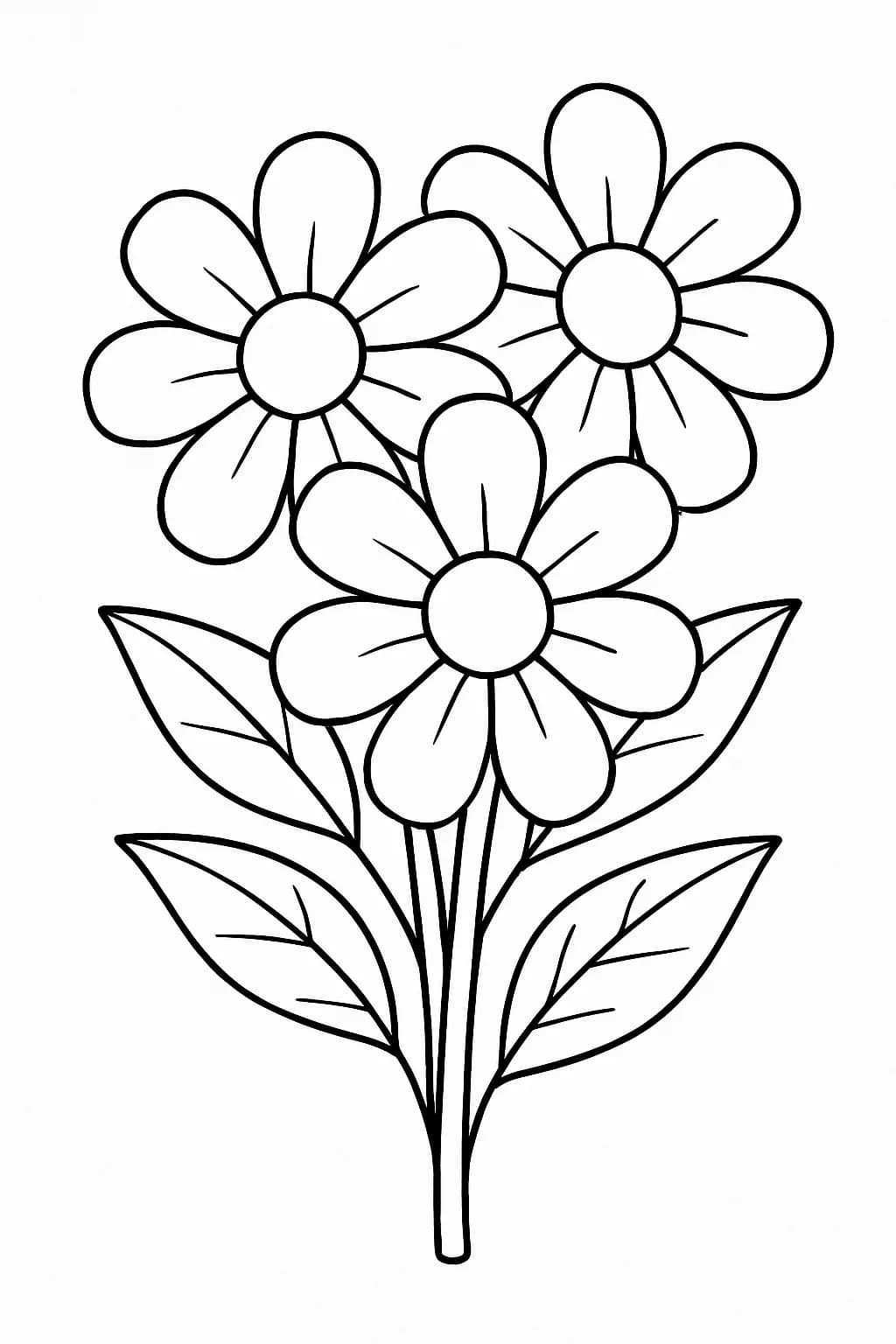Coloring page with big simple flowers in a bouquet, easy for preschoolers.
