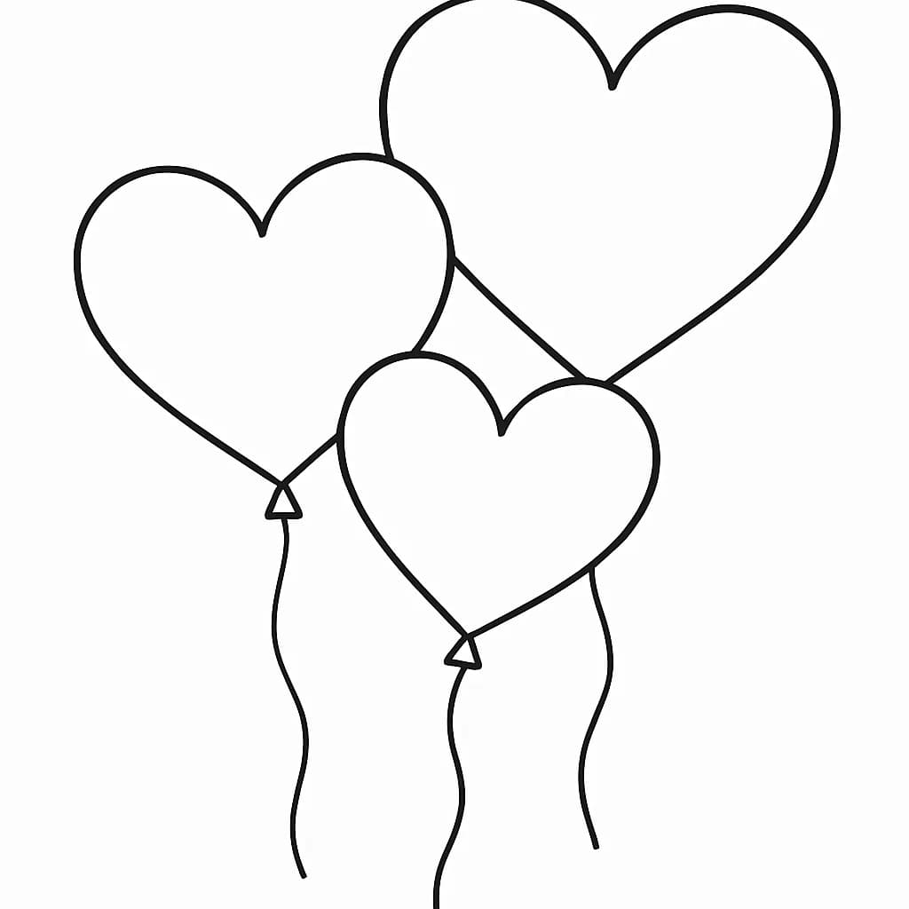 Easy coloring page with large heart-shaped balloons for preschool Valentine's Day activity.
