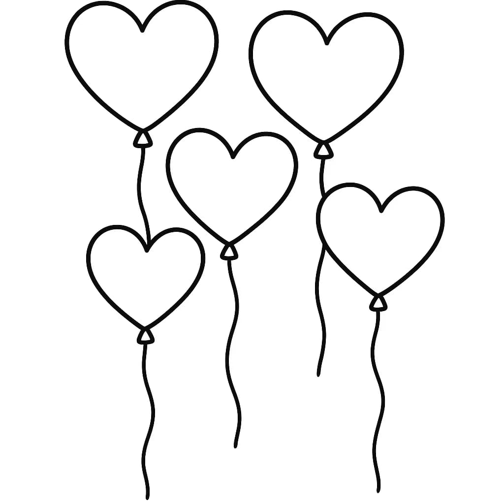 Easy coloring page of several heart balloons with ribbons, floating in the sky.