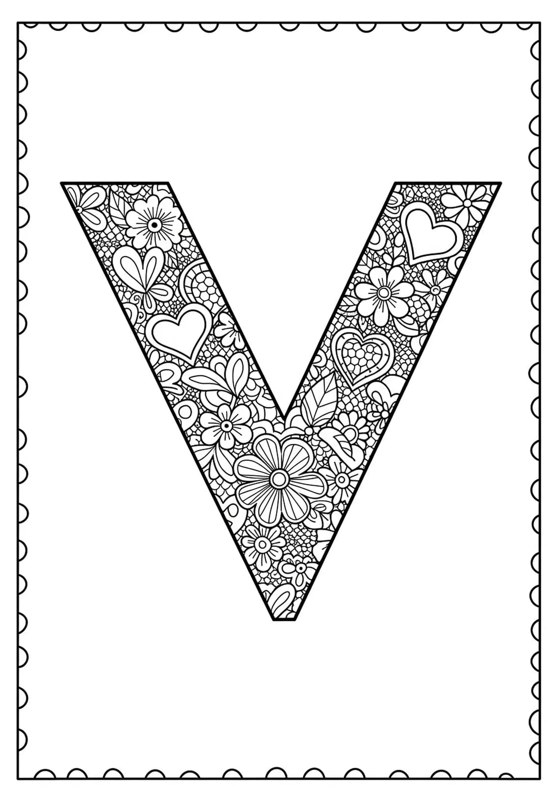 Detailed Valentine’s Day coloring page with the letter V, hearts, and floral patterns for preschoolers.