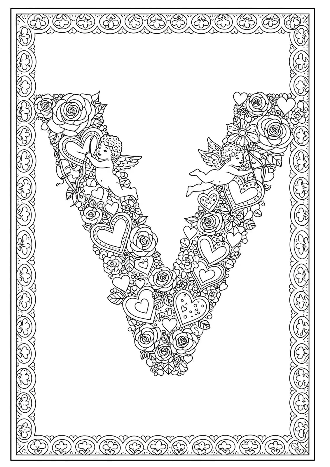 Detailed Valentine’s Day coloring page with the letter V, surrounded by hearts, cupids, and roses for hard-level coloring.