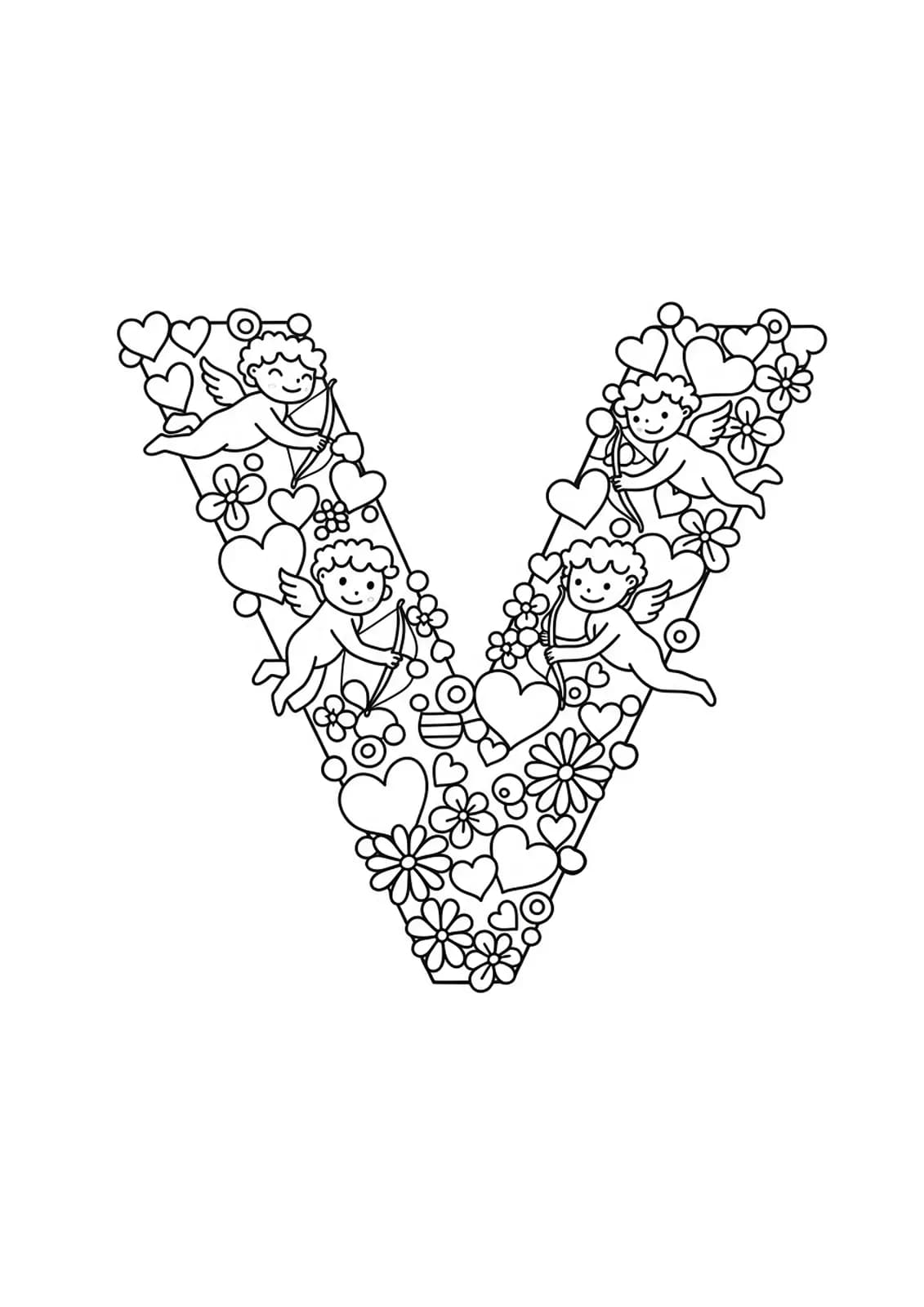 Outline drawing of the letter V with Valentine’s Day hearts, flowers, and cupids, medium detail for elementary children.