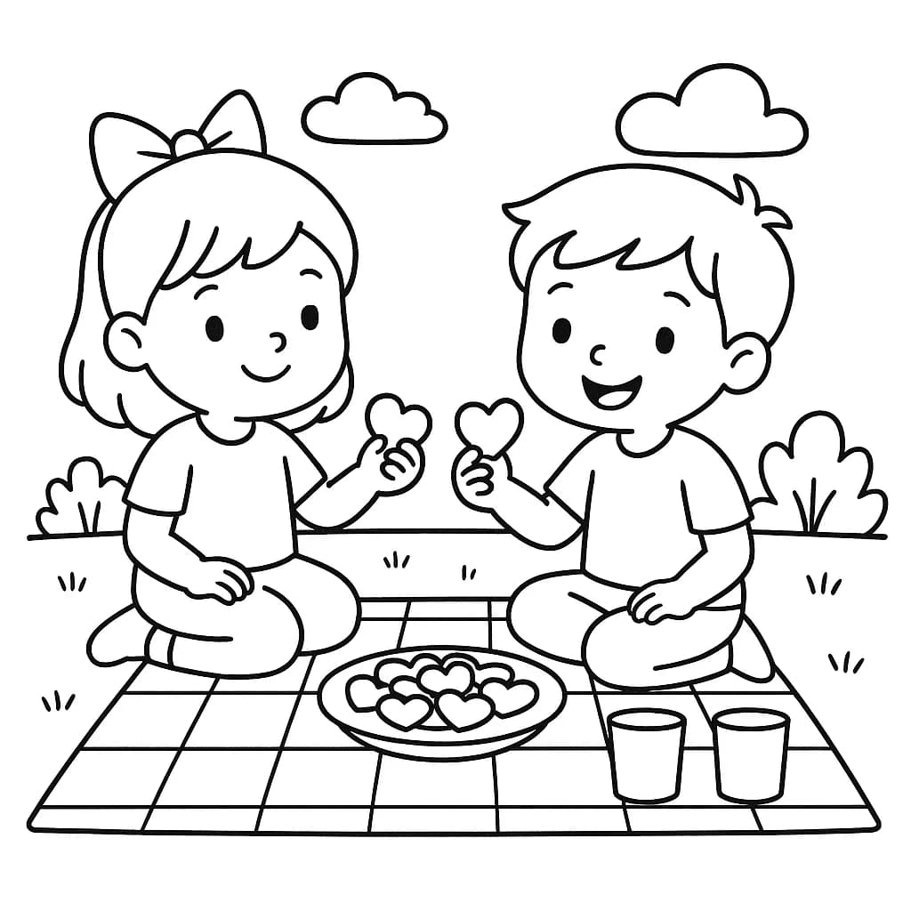 Two kids sitting on a picnic blanket with heart-shaped cookies and drinks, with simple trees in the background.