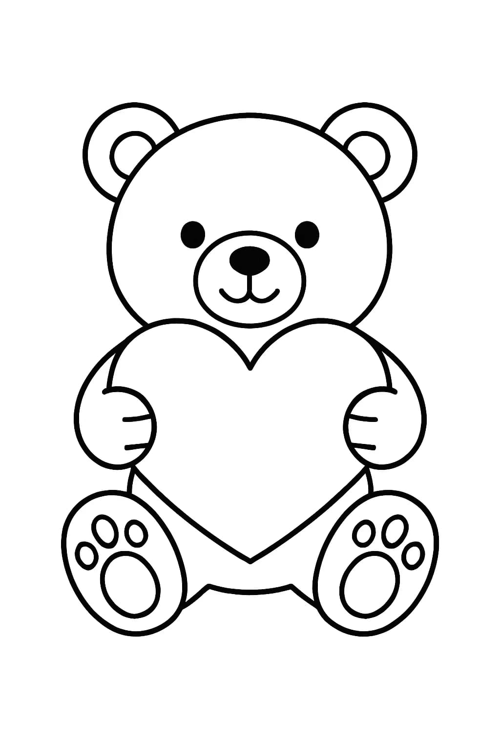 Preschool coloring page of a smiling teddy bear holding a large heart.