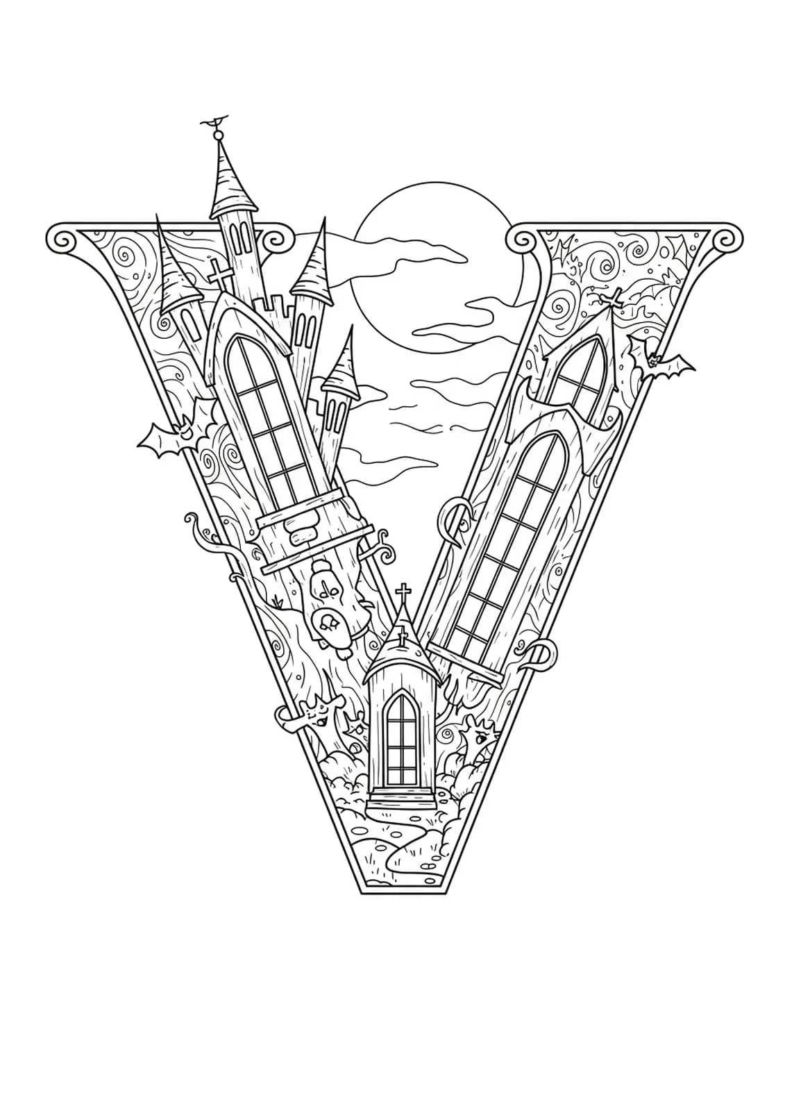 Intricate vampire and haunted castle scene with bats and spooky details around the letter V for hard-level coloring.