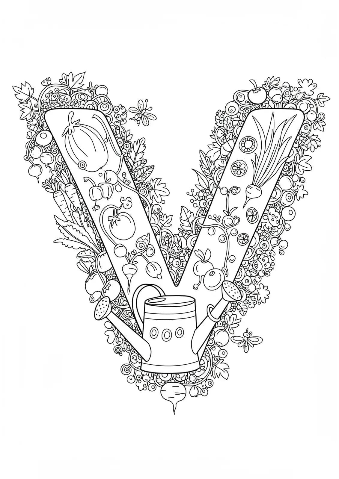 Detailed vegetable garden scene with carrots, tomatoes, and garden tools around the letter V for hard coloring.