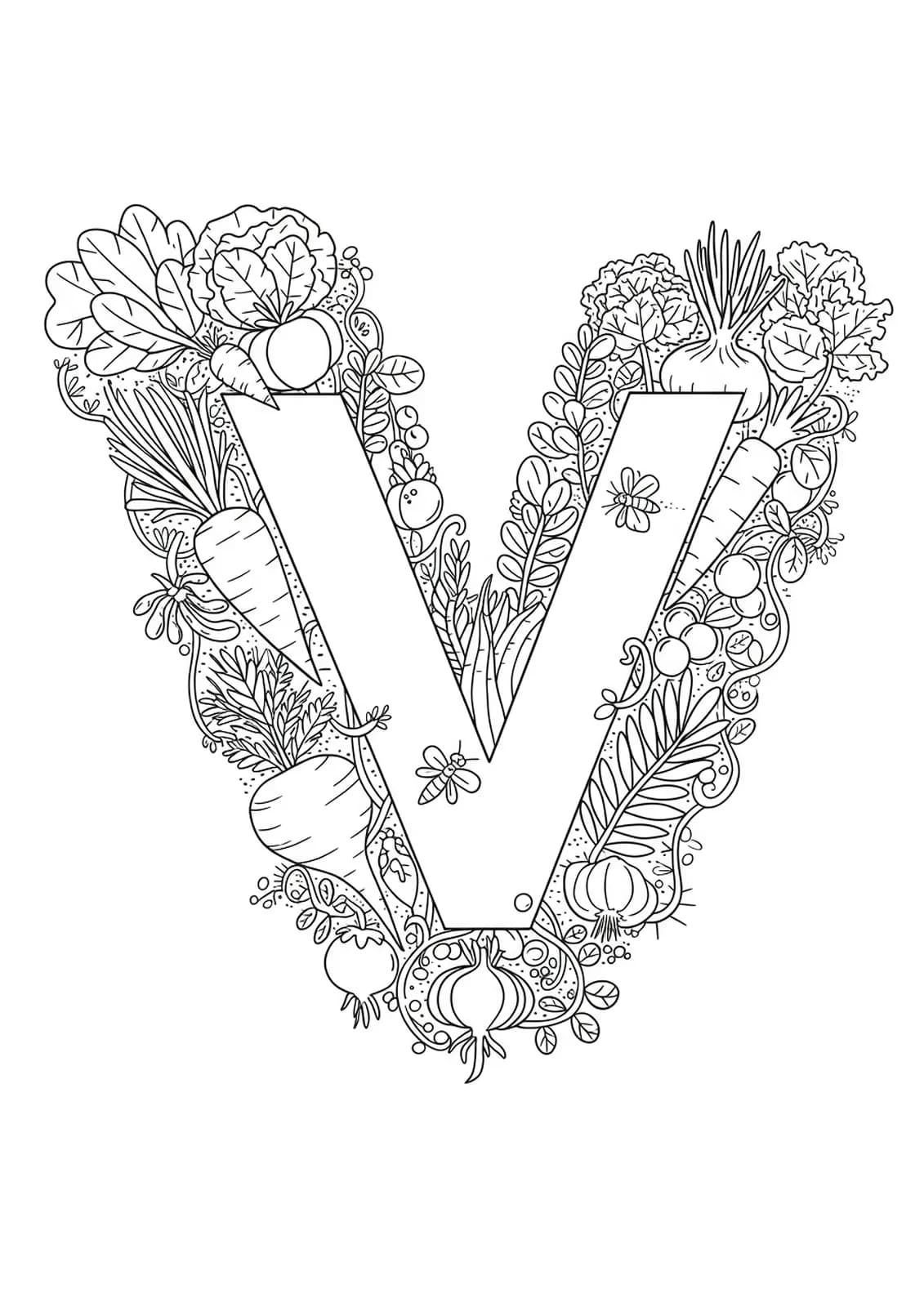 Complex garden and vegetable theme coloring page with the letter V for preschool children.