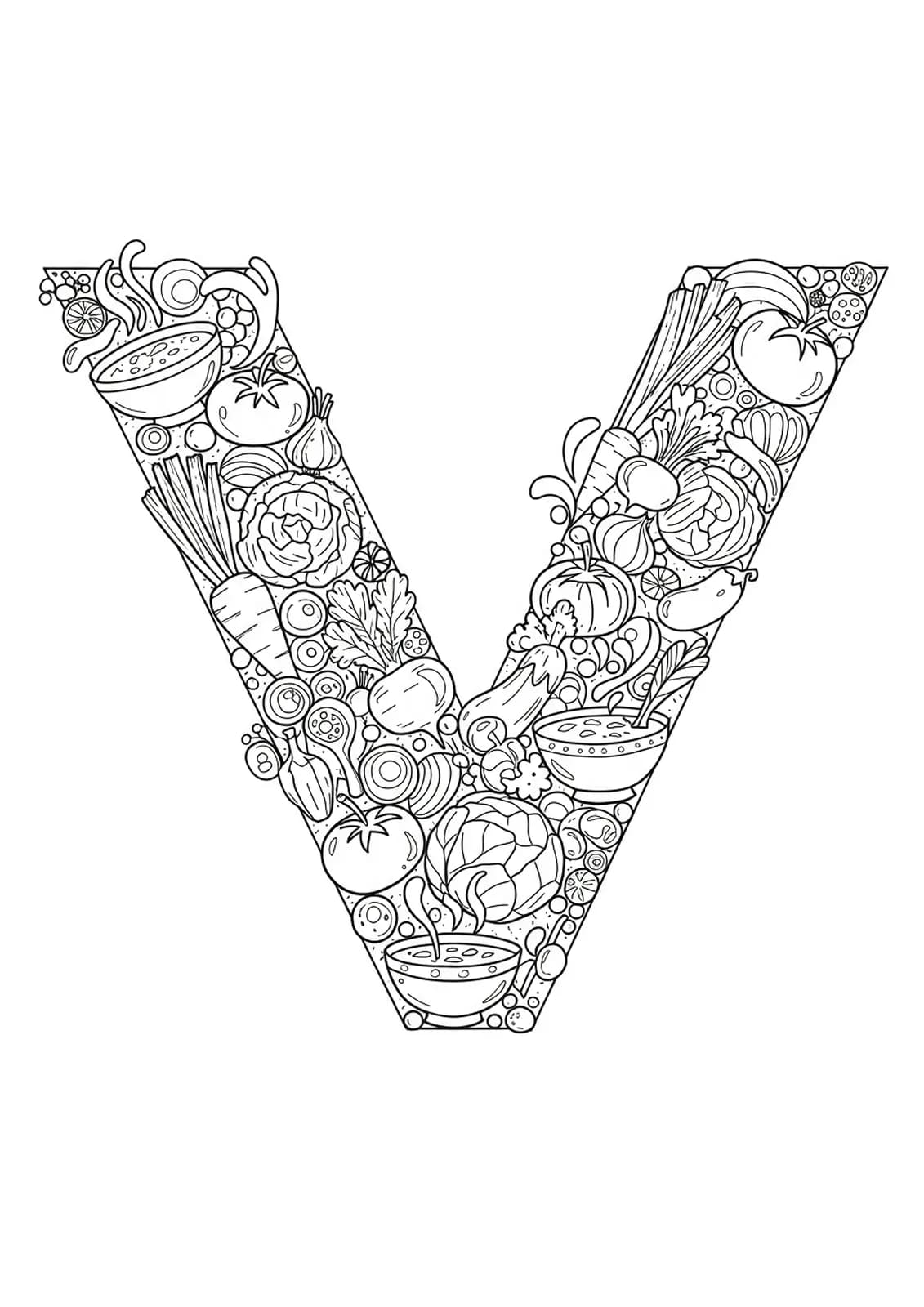 Vegetable soup-themed coloring page with the letter V and detailed veggies for preschoolers.