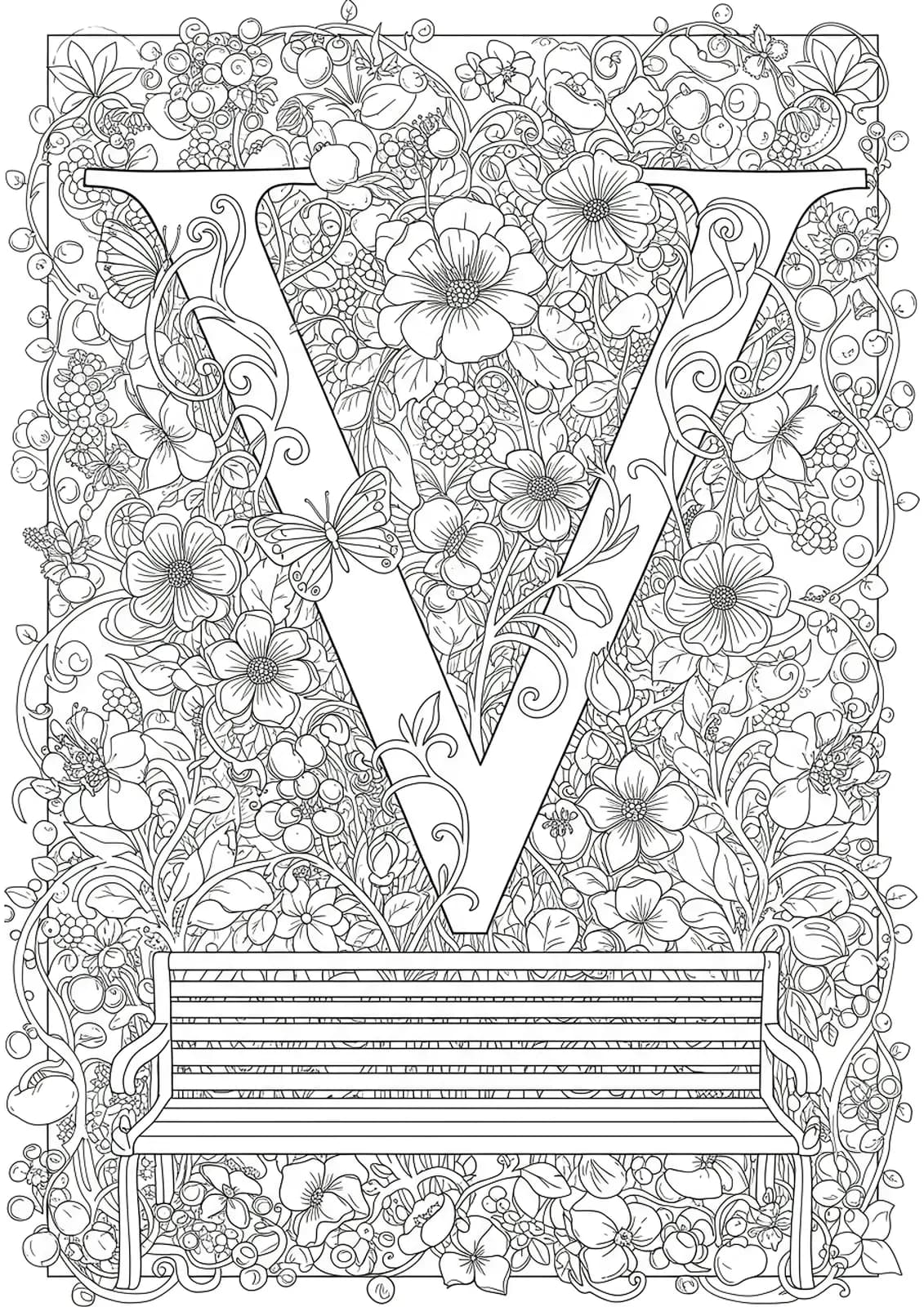 Intricate Victorian garden with ornate flowers, vines, butterflies, benches around the letter V for hard-level coloring.