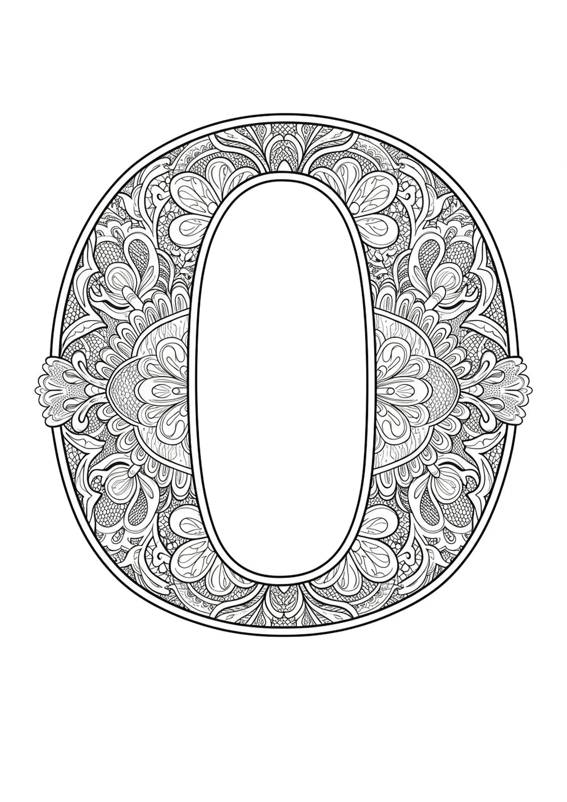 Letter O decorated with detailed Victorian lace patterns and delicate flowers, hard level for adult coloring