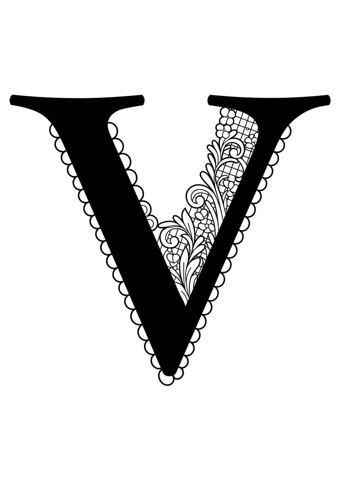 Intricate line art of the letter V surrounded by Victorian lace patterns, suitable for adult coloring.
