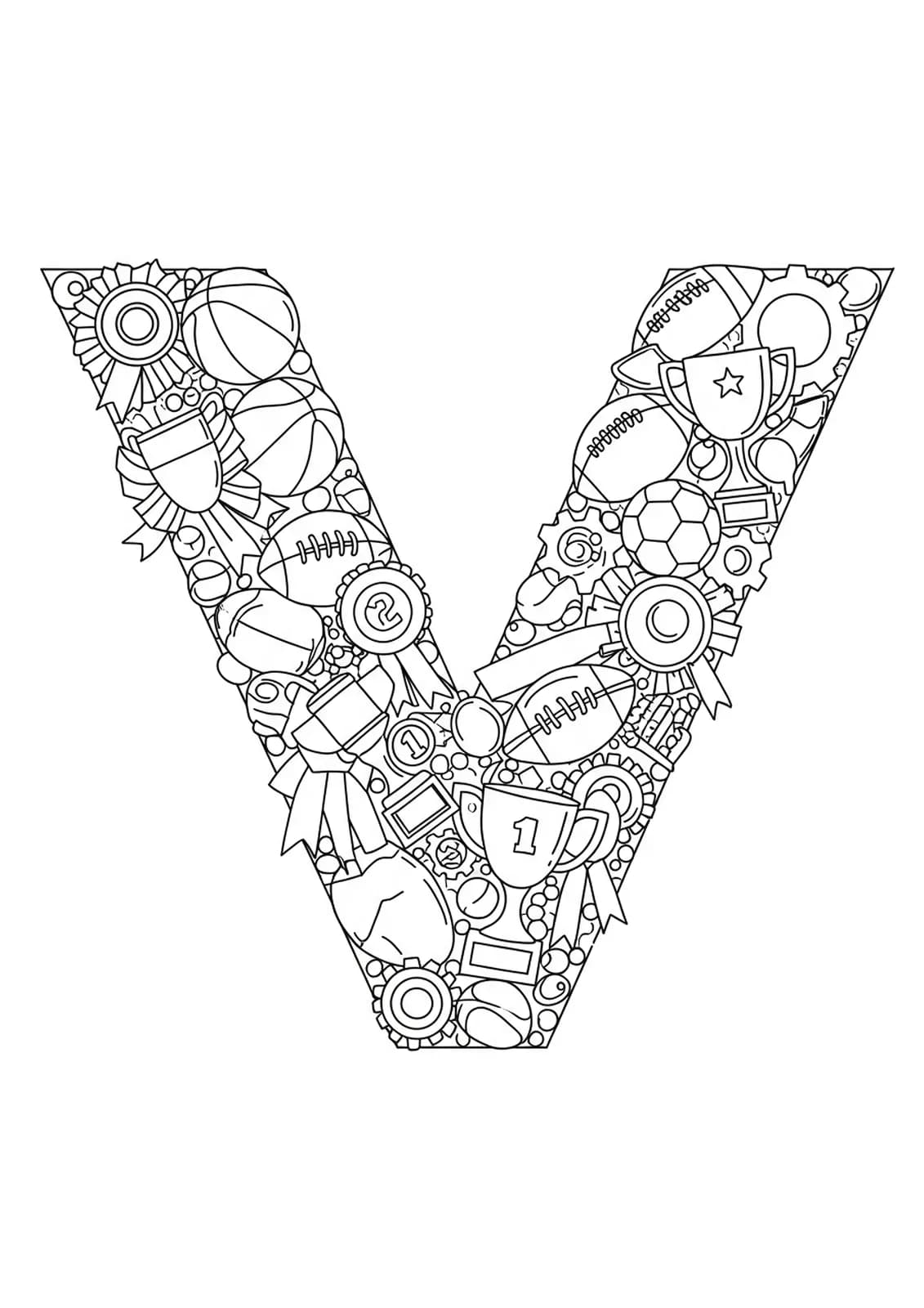 Sports-themed coloring page with the letter V, trophies, balls, and ribbons for preschool.