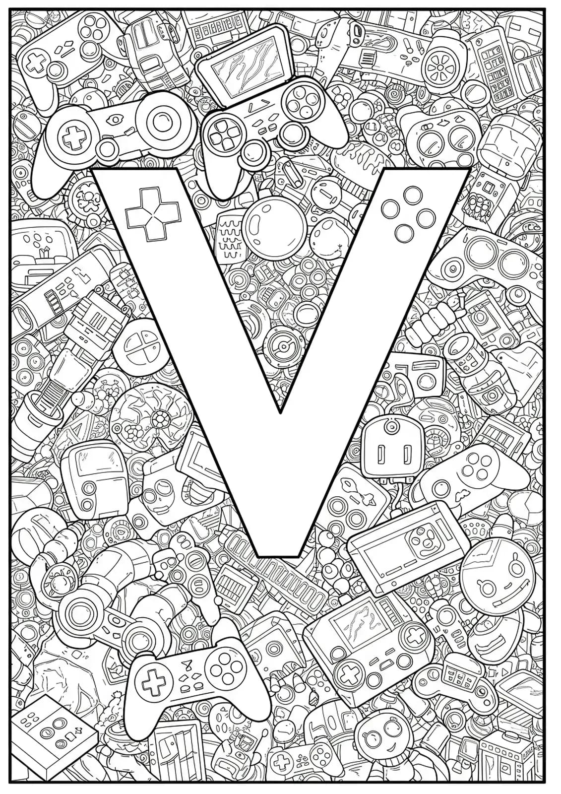 Complex video game world with controllers, pixel patterns, and gaming icons around letter V for hard coloring.