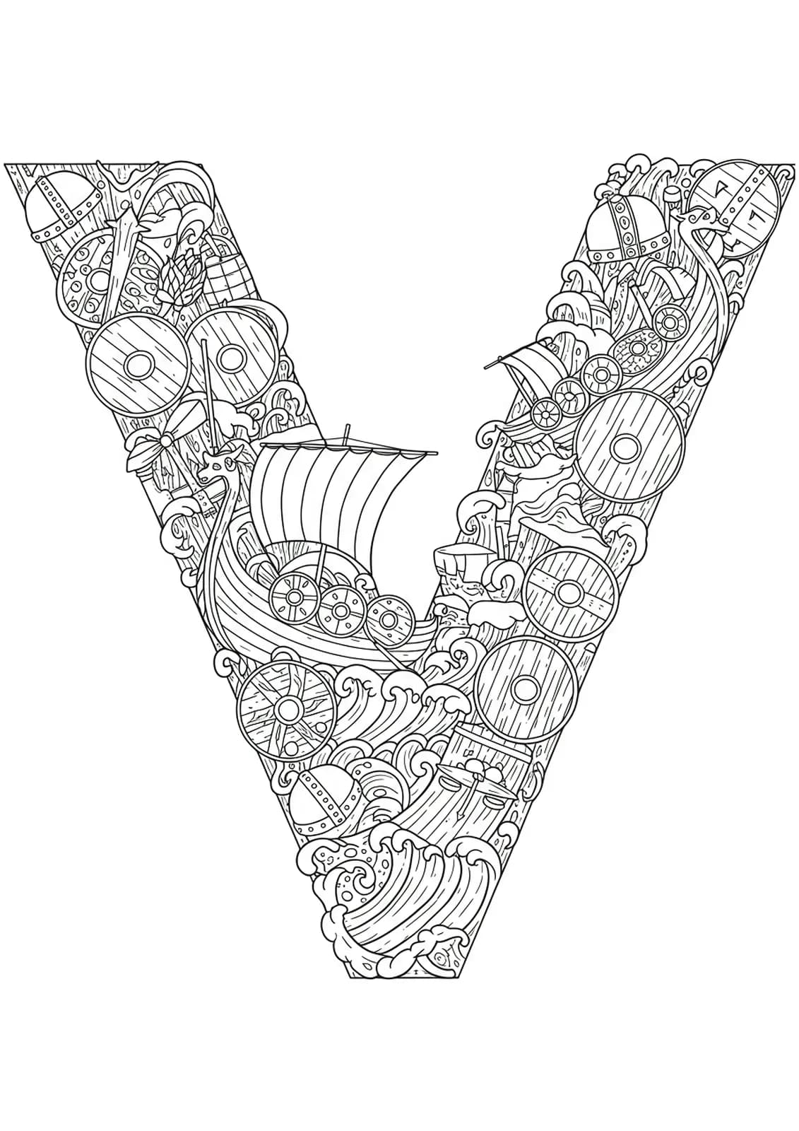 Intricate Viking ship and Norse elements with shields and helmets around the letter V for hard-level coloring.